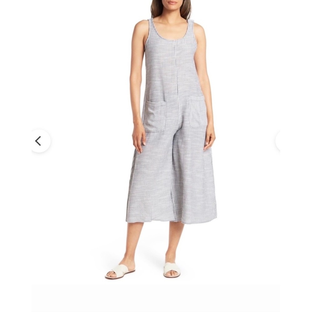 Max Studio Jumpsuit Women M Grey Striped Linen Blend Wide Leg